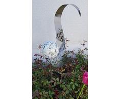 Skulptur Flame weiß aus Edelstahl 146 cm Kugel Granit weiß Gartendekoration Beetstecker Rosenkugel