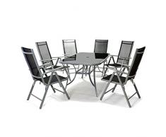 Nexos 7-teiliges Gartenmöbel-Set – Gartengarnitur Sitzgruppe Sitzgarnitur aus Gartenstühlen & Esstisch – Aluminium Kunststoff Glas – schwarz grau