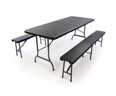 Nexos GM34524_SL2 Gartengarnitur 1 Partytisch 2 Bänke klappbar Rattan-Optik Bierzeltgarnitur schwarz Set Festzelt Campingset Klapptisch robust Wetterfest,