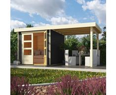 Woodfeeling 19 mm Gartenhaus Askola-2 terragrau mit 240 cm Schleppdach offen