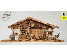 ÖLBAUMKRIPPE LED-beleuchtet -Krippe,Historische Weihnachtskrippe, mit GRANITBRUNNEN Wassergrand + Premium-DEKOSET Krippenstall, MASSIVHOLZ GEFLAMMT