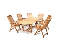Divero Gartenmöbel-Set Terrassenmöbel-Garnitur Sitzgruppe – großer Esstisch 170/230 cm ausziehbar + 6 Hochlehner mit Armlehne – Teak massiv behandelt