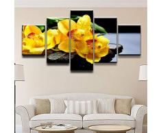 WZHSWD Segeltuch Gemälde Hd-Druck Wandkunst 5 Stücke Blume Orchidee Quellstein Wasser Gelbe Blume Zen 200 * 100Cm Bilder Modular Abstrakt Poster Wohnzimmer Dekor