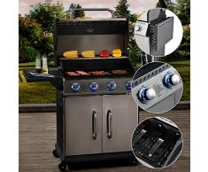 Broilcue BBQ Gasgrill Kansas 4 Edelstahl-Brenner 12 kW - Gas Grillwagen mit LED, Gusseisen-Grillrost, Deckel mit Grill-Thermometer & Warmhalterost
