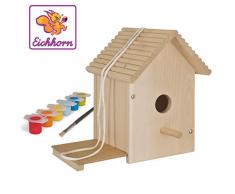 Eichhorn 100004581 Outdoor-100004581-Vogelhaus aus Holz, zum Zusammenbauen und Bemalen, inkl. Pinsel und Farben, 14x14x24cm Lindenholz, DIY, Bunt