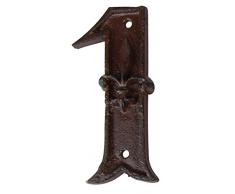 Esschert Design Hausnummer 1, mit Lilien Muster aus Gusseisen in antikbraun, patiniert, ca. 8 cm x 12 cm