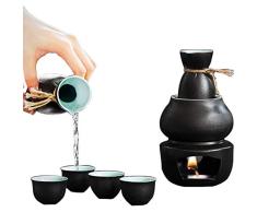 LMIM 7er Pack Japanisches Sake Cup Set mit wärmerem, traditionellem Geschenkset zum Servieren von Töpferwaren, einschließlich 4 Weingläsern, Heiztisch, Flachmann, Warm Pot Bowl, Schwarz