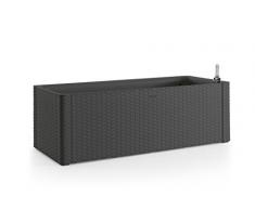Kreher XL Pflanzkasten rechteckig im Rattan-Design aus Kunststoff in Anthrazit. Mit Wasserspeicher und Wasserstandsanzeige, Maße BxTxH 100 x 43 x 33 cm.