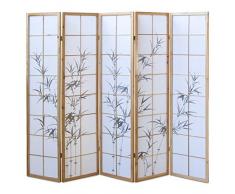 Homestyle4u 313, Paravent Raumteiler 5 teilig, Holz Natur, Reispapier Weiß Motiv Bambus, Höhe 175 cm