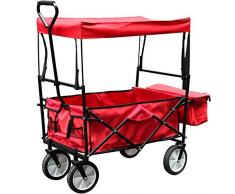 Faltbarer Bollerwagen mit Dach Handwagen Klappbar Gartenwagen Transportkarre Belastbar bis 80kg, 360 ° Drehbar Räder, inkl Hecktasche Rot/Blau Transportwagen