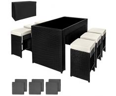 TecTake Poly Rattan Aluminium Bar Set mit 6 Barhocker + 2 Bezugsets + Schutzhülle, Edelstahlschrauben - Diverse Farben - (Schwarz | Nr. 401181)