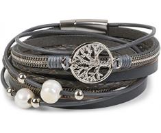 styleBREAKER Wickelarmband mit Perlen, Ketten, Flechtelement und Lebensbaum Anhänger, Magnetverschluss, Armband, Damen 05040070 , Farbe:Dunkelgrau