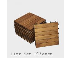 11er Spar-Set Holzfliese 01 für 1 m², Terrassenfliese aus Akazien-Holz, Fliese mit 6 Latten für Garten Terrasse, Balkon Bodenbelag mit Drainage-Unterkonstruktion für problemfreien Wasserablauf unter den Fliesen