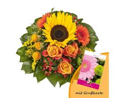Dominik Blumen und Pflanzen, Blumenstrauß Sonnenlicht mit einer Sonnenblume, orangen Rosen, Germini, Färberdistel und Goldrute und Grußkarte Geburtstag