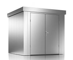 ILESTO Gerätehaus John aus Stahl: 226x226x213cm | Gartenhaus Metall - modern mit Flachdach | Geräteschuppen für den Garten optional mit Zubehör | Gartenhütte Zweiflügeltür, Silber Metallic