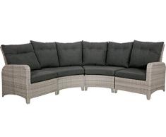 lifestyle4living Gartenbank 4 Sitzer aus Polyrattan Geflecht grau inkl. Kissen anthrazit. Die runde Loungebank ist wetterfest, ideal für Garten, Terrasse und Balkon.