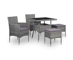 Festnight 5-TLG. Garten Essgruppe Ratten Sitzgruppe Gartengarnitur Sitzgarnitur 1 Tisch mit 2 Sessel und 2 Hocker Terrassenmöbel Gartenmöbel Gartenmöbelset Grau Poly Rattan Aund Glas