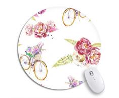 Runde Mauspad Aquarell Sommer Blumenstrauß und Fahrrad Vintage Pfingstrosen Rosen rutschfeste Gummibasis Mausmatte Gaming Mousepad für Computer