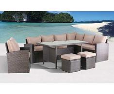 Hohe Dining Poly Rattan Lounge inkl. einem Sessel und Zwei Hocker Milos XL braun auch spiegelverkehrt nutzbar aus dem Hause Pure Home & Garden