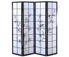 Homestyle4u 286, Paravent Raumteiler 4 teilig, Holz Schwarz, Reispapier Weiß Motiv Bambus, Höhe 175 cm