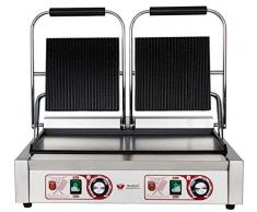Beeketal BKG8 Gastro Doppelt Kontaktgrill mit Gusseisen Grillpatten (oben gerillt unten glatt) mit Fettauffangschale, Profi Edelstahl Elektrogrill ideal als Panini Grill Maker oder Sandwich Toaster