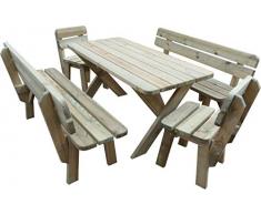 Platan Room Gartengarnitur Holz Kiefer Sitzgruppe 180 cm breit Gartenbank Gartentisch massiv Imprägniert (Set 2 (Tisch + 2 Bänke + 2 Stühle), 180 cm)