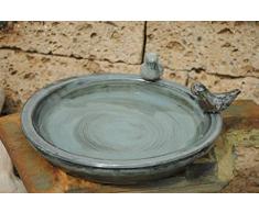 Vogeltränke mit Zwei kleinen Vögelchen,rund,grau glasiert,30cm,%mit kleinen Fehlern%