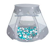 Selonis Baby Spielzelt Mit Plastikbällen Zelt 105X90cm/300 Bälle Plastikkugel Kinder, Grau:Grau-Weiß-Türkis