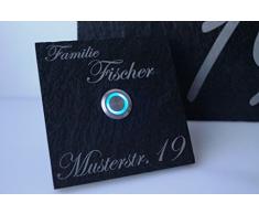 Nur bei uns !! Schiefer Set Hausnummer + Türklingel Klingel Klingelplatte inkl. LED Taster (z.B. weiß / blau...), Acrylplatte und Gravur / Namensgravur 1 Familienhaus - ideal als Geschenk zum Geburtstag o. zur Hochzeit