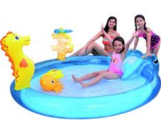 Badespaß Kinder Pool Planschbecken ca. 198cm x 175cm x 40cm Höhe ca. 15cm mit Rutsche und Spritze aufblasbaren Figuren 2 aufblasbare Wurfringe Pool Sommer Baden Garten