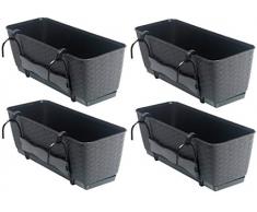 Set aus 4 Balkon Pflanzkästen mit Metallhalterung. Aus Kunststoff im Rattan Design in Anthrazit. Maße jeweils 50 x 17 x 17 cm. Preiswert