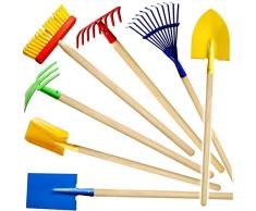 alles-meine.de GmbH 7 TLG. Set: Kinder - Spaten + Schaufel + Besen + Rechen + Harke + Hacke + Spatenschaufel - aus Holz & Metall - bunt - 80 cm lang - stabile Gartengeräte / Gart..