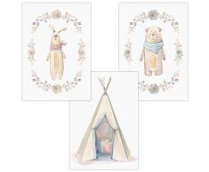 Wandbilder 3er Set für Baby & Kinderzimmer Deko Poster Hase Tipi Bär | Kunstdruck DIN A4 ohne Rahmen und Dekoration (Hase Indianerzelt Tipi Bär)