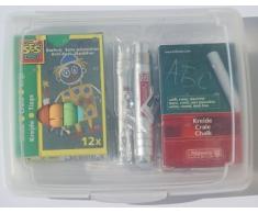 Großes Brunnen Kreide (weiß und farbig sortiert) und 2 Kreidehalter Set, in praktischer und stabiler Kunstoff Aufbewahrungsbox