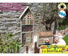 Oelbaum 2 x Bienenhotels, mit Lotus+2xBrutröhrchen, Spitzdach groß, Flachdach Insektenhaus + Bienenhaus mit Bienentränke, Insektenhotel, mit Lotus+2xBrutröhrchen, Insekten Florfliegen Marienkäferhaus
