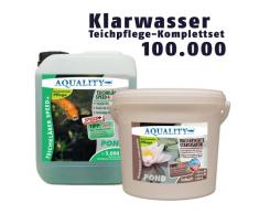 AQUALITY Klarwasser Teichpflege-Komplettset (GRATIS Versand in DE - Set mit Teichklärer und Wasserwerte Stabilisator für einen klaren Gartenteich, nachhaltige Wirkung), Inhalt:100.000 Liter
