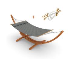 Ampel 24 MotionXperts Hängematte im Set mit Sicherung und Holz Gestell Bermuda 410 cm, Hängemattengestell braun, Stabhängematte gepolstert Bezug grau, Kissen