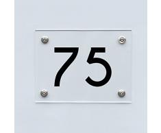 Hausnummernschild mit Hausnummer 75, Acryl Haus Schild mit Ziffer 75, transparent, Schrift schwarz inkl. Zubehör