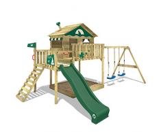 WICKEY Spielturm Klettergerüst Smart Coast mit Schaukel & grüner Rutsche, Stelzenhaus mit Sandkasten, Kletterleiter & Spiel-Zubehör