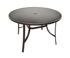 Nexos Runder Gartentisch Esstisch Terrassentisch Glastisch (Glasplatte: schwarz) – Gestell braun – Ø 120 cm Stahl mit Schirmloch