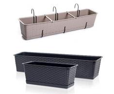 Blumenkasten Balkonkasten Blumentopf Rattan Optik Case P mit Aufhängung Untersetzer Geländerkasten 4 Größen (600 Anthrazit)