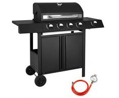 Ribelli® Gasgrill Grillwagen BBQ Edelstahl-Brenner + Seitenkocher Gas-Grill Schwarz für Party, Garten, Camping (4+1 Gasgrill) (4er Gasgrill mit Seitenbrenner)