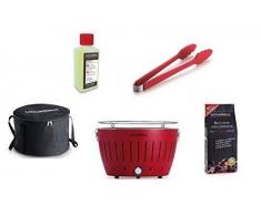 LotusGrill Starter-Set 1x Grill Feuerrot mit USB-Anschluß, 1x Buchenholzkohle 1kg, 1x Brennpaste 200ml, 1x Würstchenzange (Farbe nach Vorrat), 1x Transport-Tragetasche - der raucharme Holzkohlegrill