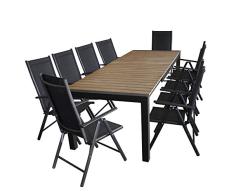 11tlg. Gartengarnitur - Gartentisch, ausziehbar, 205/275x100cm, Polywood-Tischplatte Braun 10x Aluminium Hochlehner Miami Textilenbespannung Schwarz, Lehne 7 Positionen verstellbar, klappbar