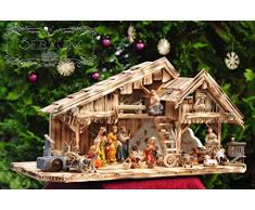 Weihnachtskrippe geflammt mit XXL-DEKO-SET + Premium-Krippenfiguren, XXL Holz-Weihnachtskrippe, mit GRANITBRUNNENWassergrand + PREMIUM-DEKOSETKrippenstall