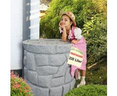 Regentonne Märchenbrunnen 330 l, Regenfass FROSTSICHER mit stabilem Deckel und Wasserhahn, schöner und fast unverwüstlicher Regenspeicher, echte Steinstruktur, BRUNNEN wie gemauert (Granit-grau 330l)