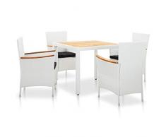 UnfadeMemory Garten-Essgruppe Gartenmöbel Gartengarnitur Poly-Rattan Stahlrahmen und Glas-Tischplatte Gartentisch Gartenstühle für Garten Terrasse (5-TLG. Set, Weiß)