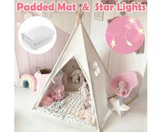 Tiny Land Tipi Spielzelt für Kinder mit gepolsterter Matte & Lichterkette & Aufbewahrungstasche Baumwolle- Segeltuch Kinderzelt (Weiß 165cm Hoch)