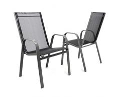 Nexos 2er Set Gartenstuhl Stapelstuhl Stapelsessel Hochlehner Terrassenstuhl – Textilene Stahlgestell – Farbe: Rahmen dunkelgrau/Bespannung schwarz