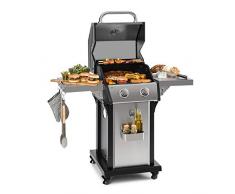 Klarstein Lucifer 2.0-T Edelstahl Gasgrill, 2 Brenner, emailliert 45x44cm Gusseisen Grillrost, klappbare Seitenteile, Thermometer, InstantReady Concept: sofort grillbereit, Rollen mit Bremsen